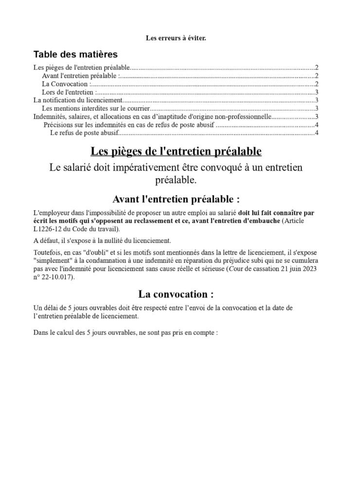 Table des matières : guide pour licencier son salarié pour inaptitude professionnelle.