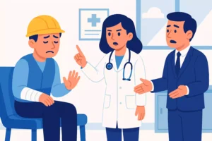 Illustration d'un licenciement pour inaptitude professionnelle : un salarié blessé est déclaré inapte par une médecin du travail qui refuse toute tentative de reclassement."