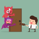Illustration d'un juriste LegalTravail, entreprise d'information juridique en lign armé de courriers faisant fuir les harceleurs sur tik tok et instagram
