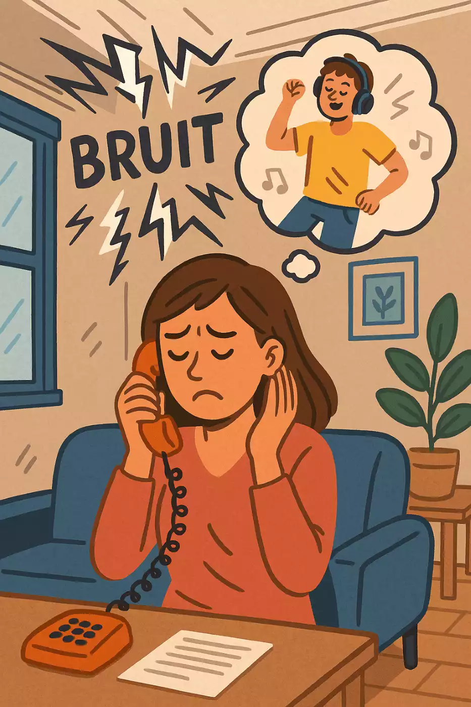 Illustration femme victime de nuisances sonores de son voisin du dessus